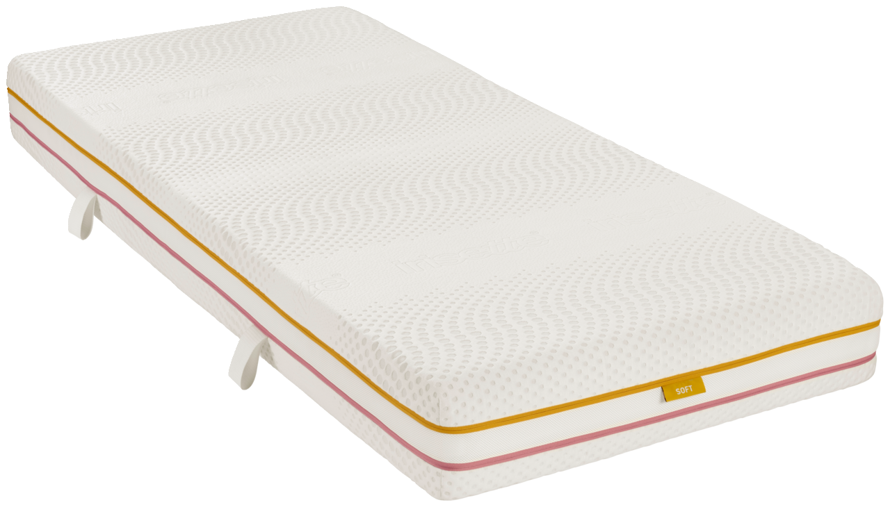 Matratze 90x200 SOFT/MEDIUM in schräger Perspektive, weiße Oberfläche mit strukturiertem Muster und farbigen Kanten.