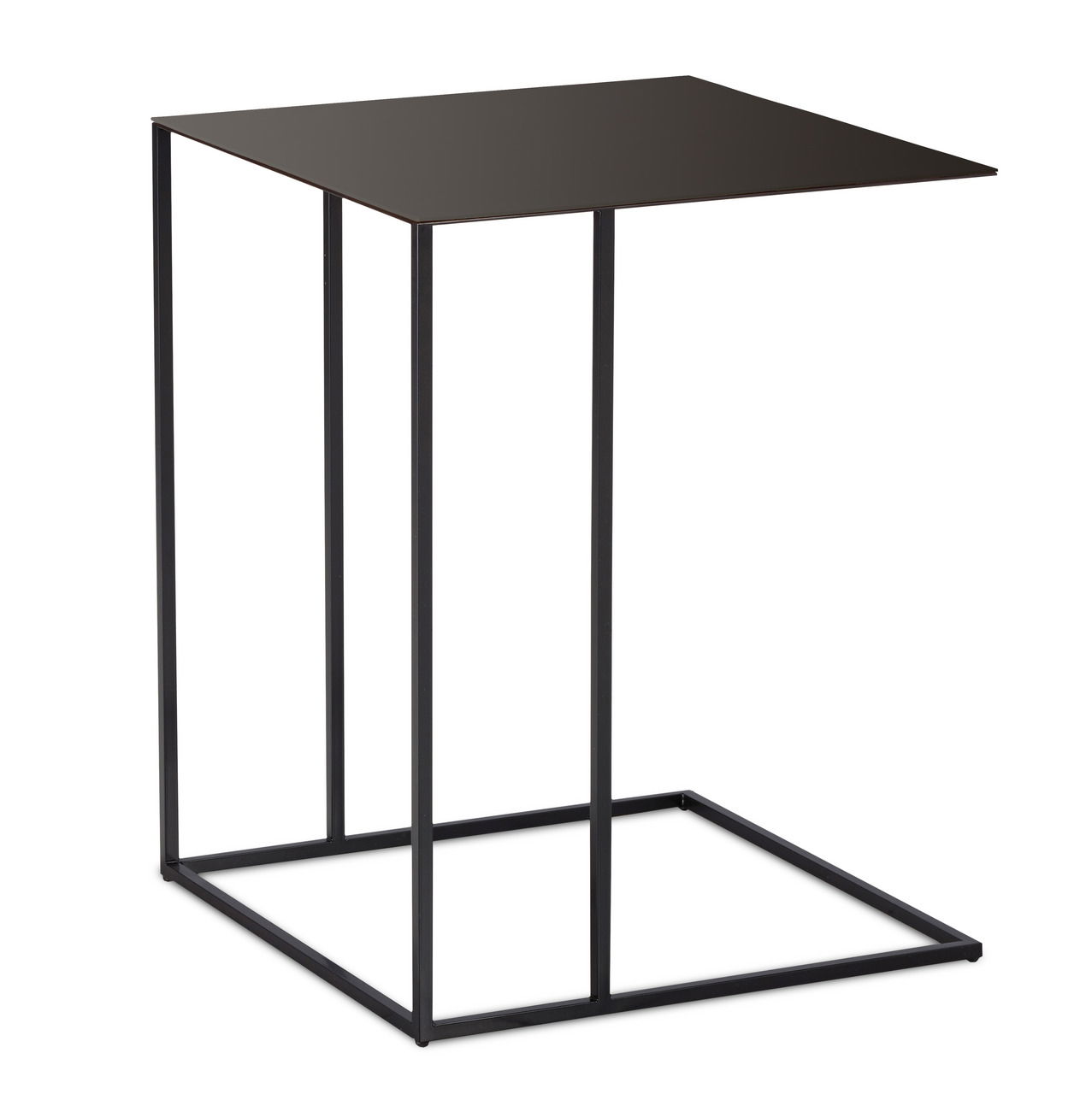 Moderner Schiebe-Beistelltisch aus schwarzem Metall, seitliche Perspektive