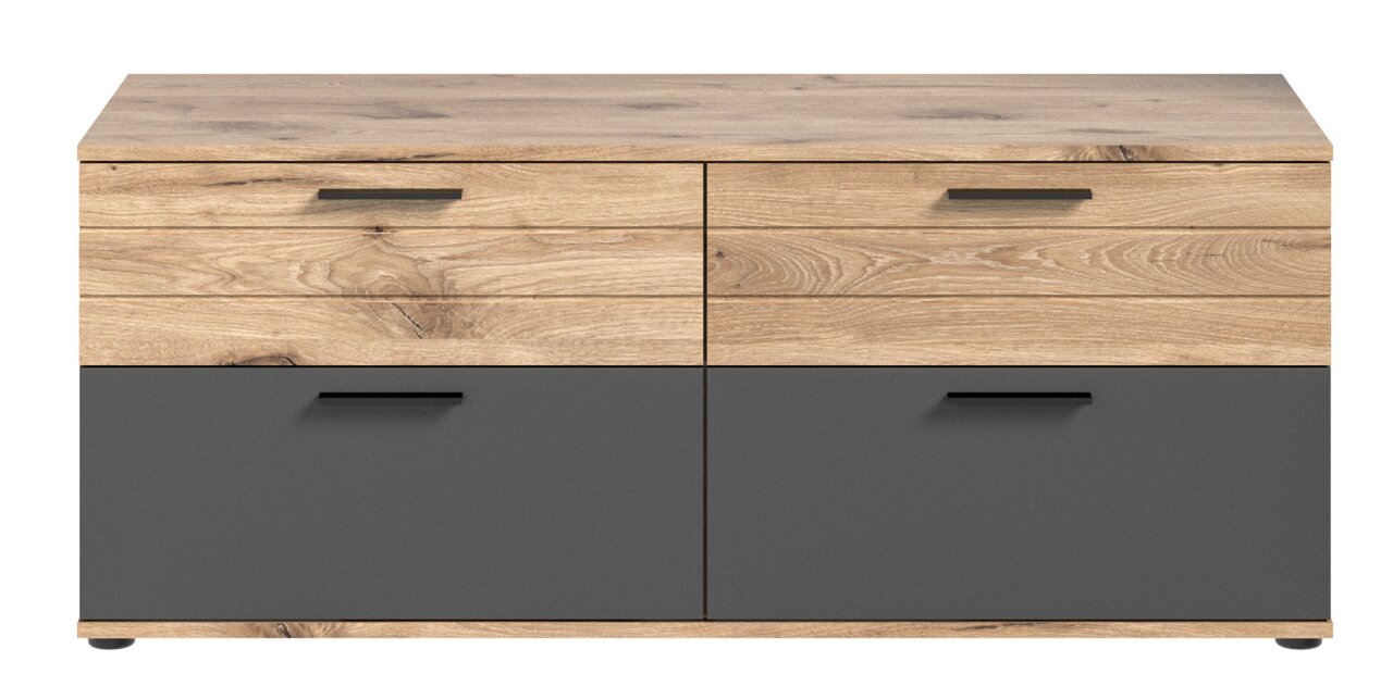 Frontale Ansicht eines modernen Lowboards mit Holzoptik und grauen Schubladen.