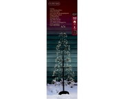 Vooraanzicht van een Lumineo verlichte decoratieboom van 1,2 meter met 448 warmwitte leds, knippereffect en 8-uurs timer, buiten opgesteld in de sneeuw.
