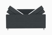 Boxspringbett in dunklem Stoffbezug, von vorne gesehen, mit verstellbarem Kopfteil.