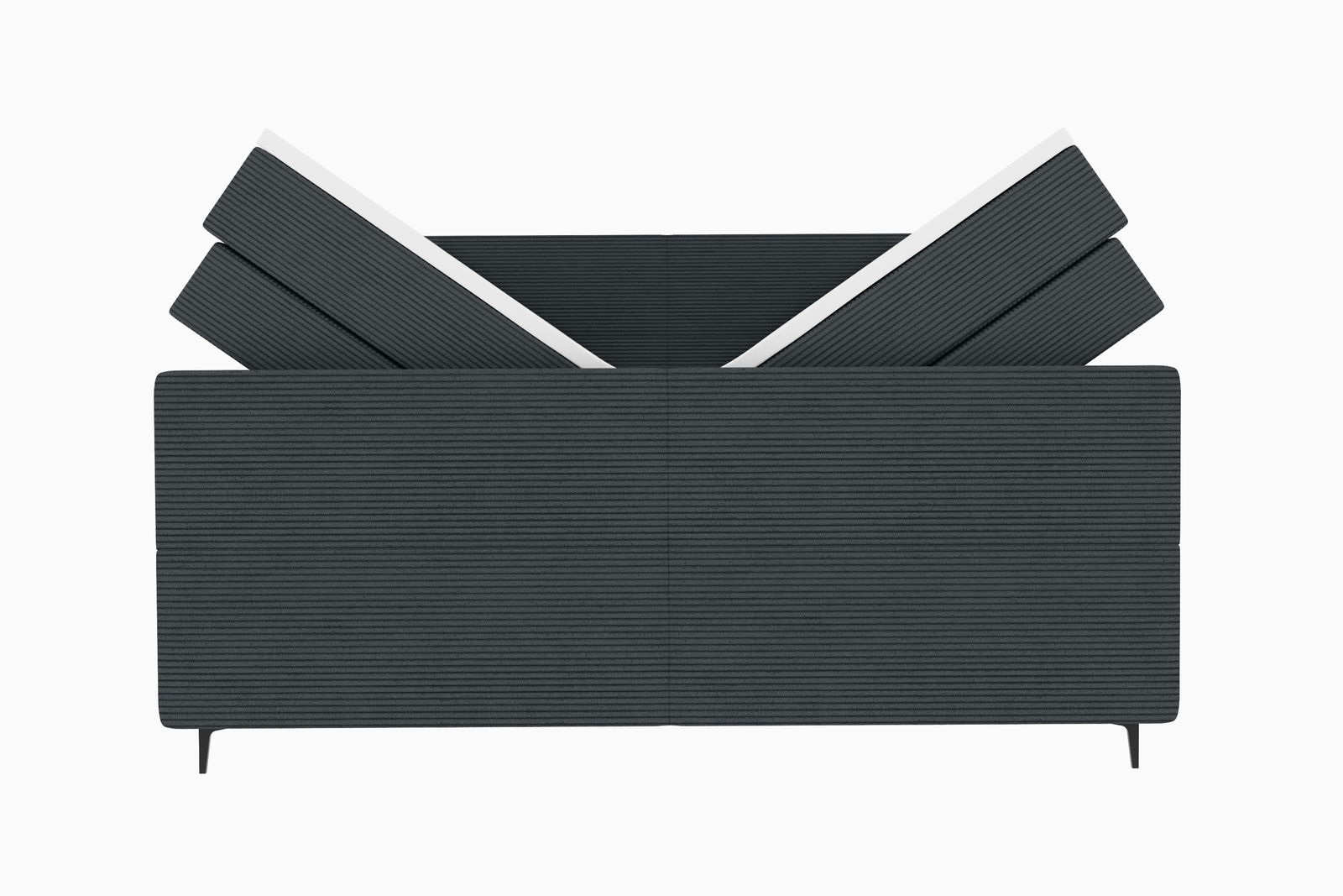 Boxspringbett in dunklem Stoffbezug, von vorne gesehen, mit verstellbarem Kopfteil.