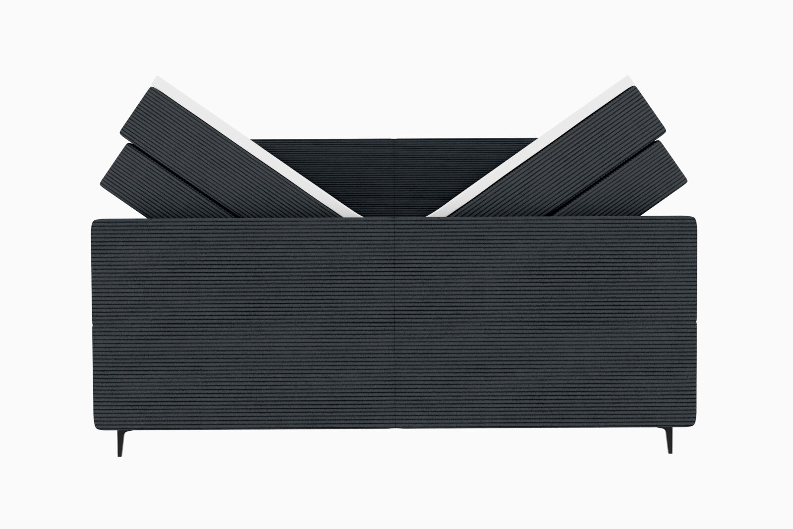 Boxspringbett in dunklem Stoffbezug, von vorne gesehen, mit verstellbarem Kopfteil.