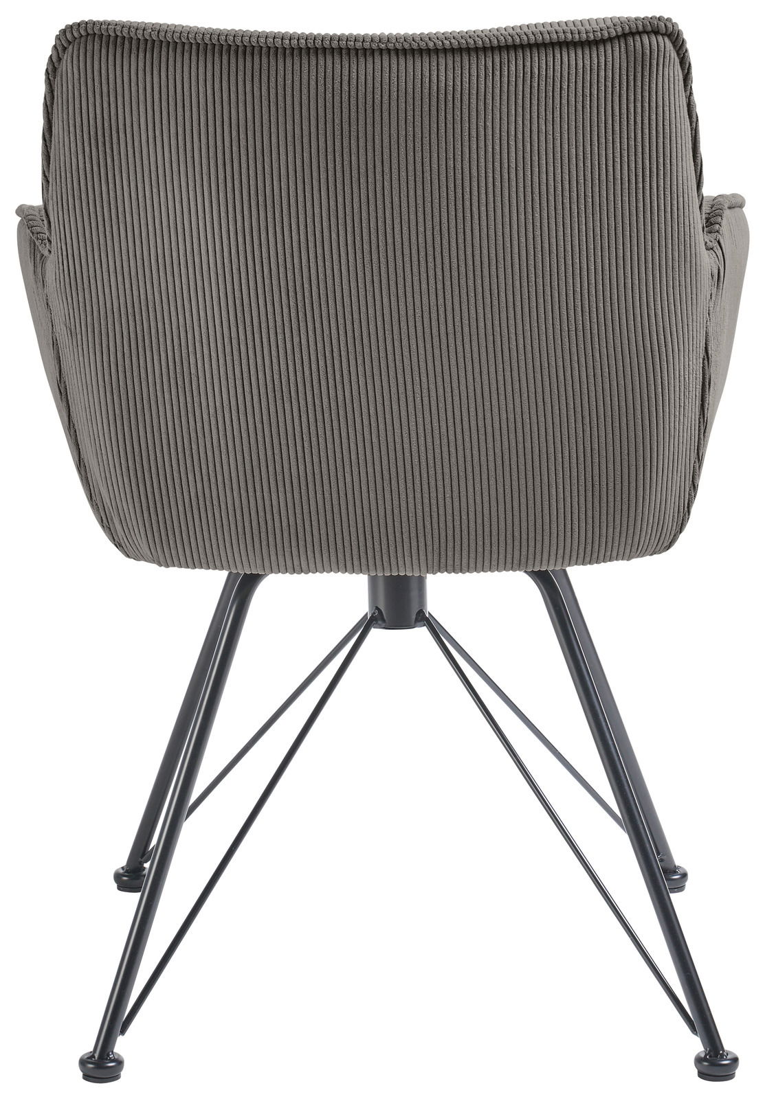 Rückansicht eines Armlehnstuhls mit grauem, geripptem Stoffbezug und schwarzen Metallbeinen.