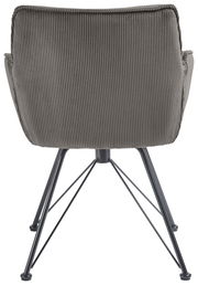 Rückansicht eines Armlehnstuhls mit grauem, geripptem Stoffbezug und schwarzen Metallbeinen.