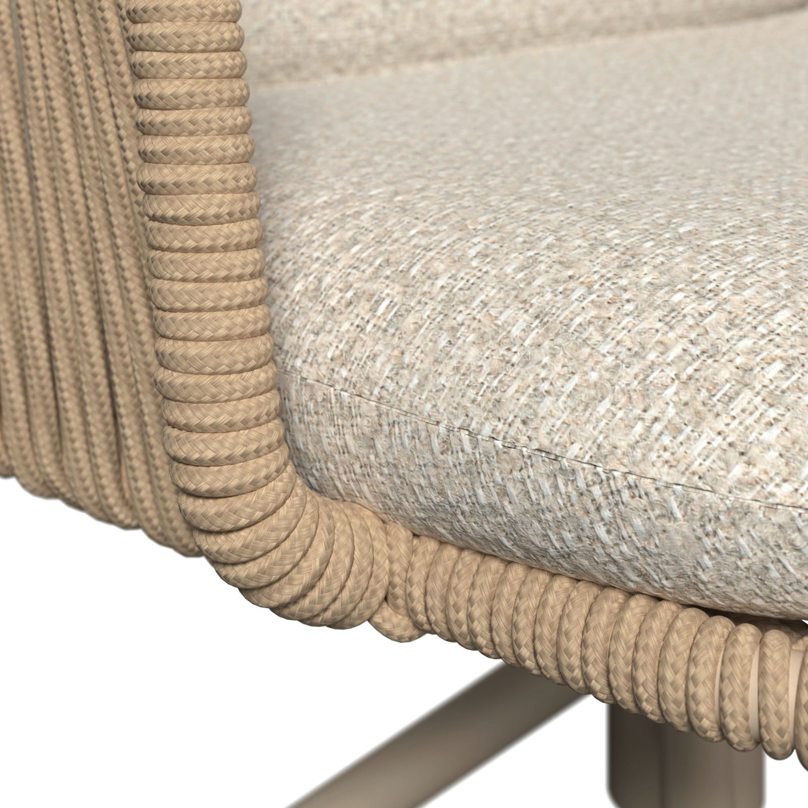 Nahaufnahme eines Armlehnstuhls mit geflochtenem Seil-Design und gepolstertem Sitz, seitliche Perspektive