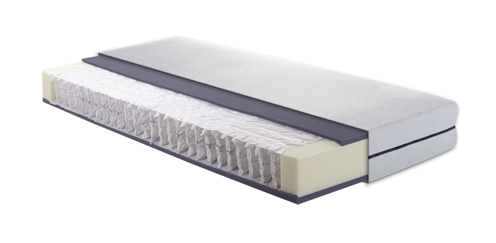 Zurbrüggen Taschenfederkernmatratze H3 FLEX AIR Querschnitt einer Taschenfederkernmatratze mit sichtbaren Schichten aus Schaumstoff und Federn, seitliche Perspektive