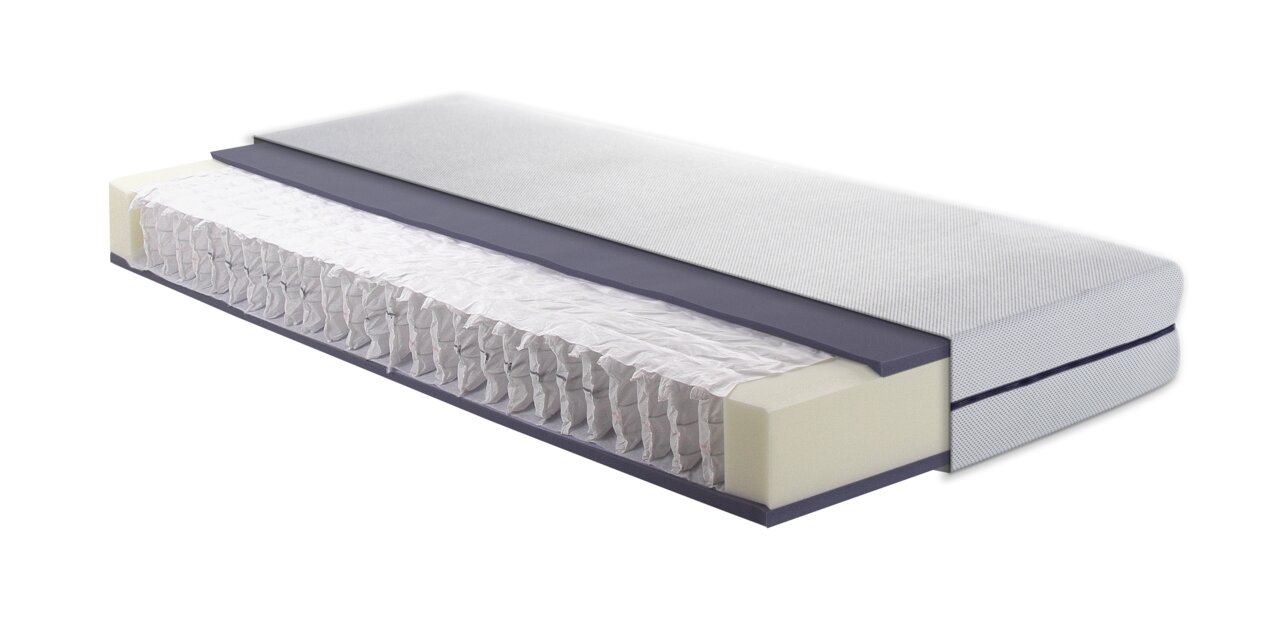 Zurbrüggen Taschenfederkernmatratze H3 FLEX AIR Querschnitt einer Taschenfederkernmatratze mit sichtbaren Schichten aus Schaumstoff und Federn, seitliche Perspektive