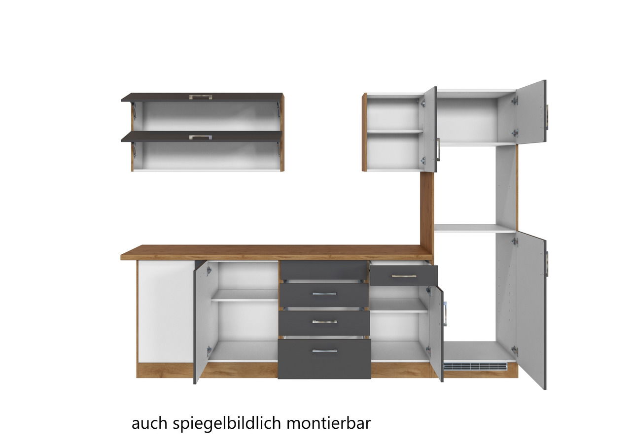 Eck-Küchenzeile mit offenen Schränken und Schubladen, Holz- und Grautöne, frontale Ansicht