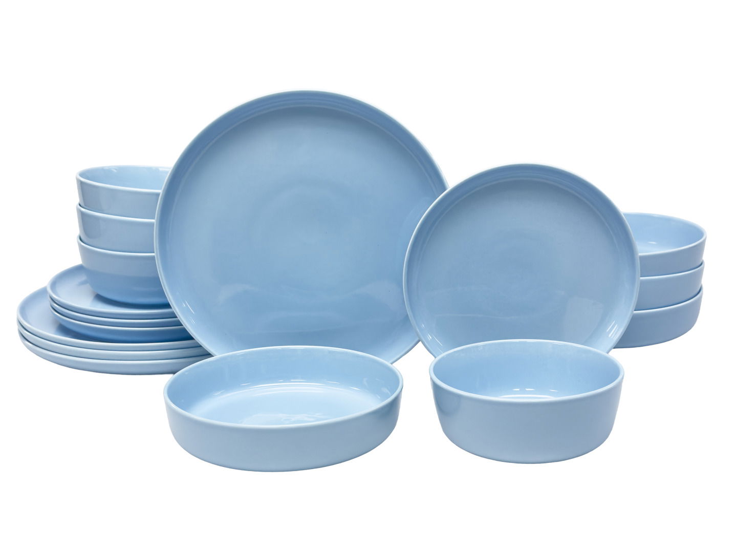 Novel Kombiservice Blaues Kombiservice aus Tellern und Schalen, frontal fotografiert