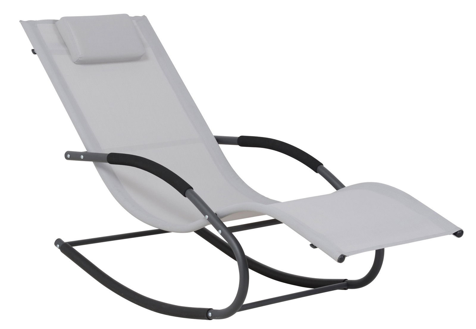 Seitliche Ansicht einer modernen Schaukelliege mit grauem Metallrahmen und weißem Stoffbezug, ausgestattet mit einem Kopfkissen.