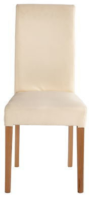 Frontansicht eines cremefarbenen Stuhls mit Holzbeinen
