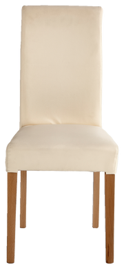 Frontansicht eines cremefarbenen Stuhls mit Holzbeinen