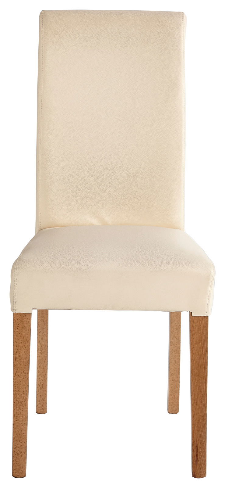 Frontansicht eines cremefarbenen Stuhls mit Holzbeinen