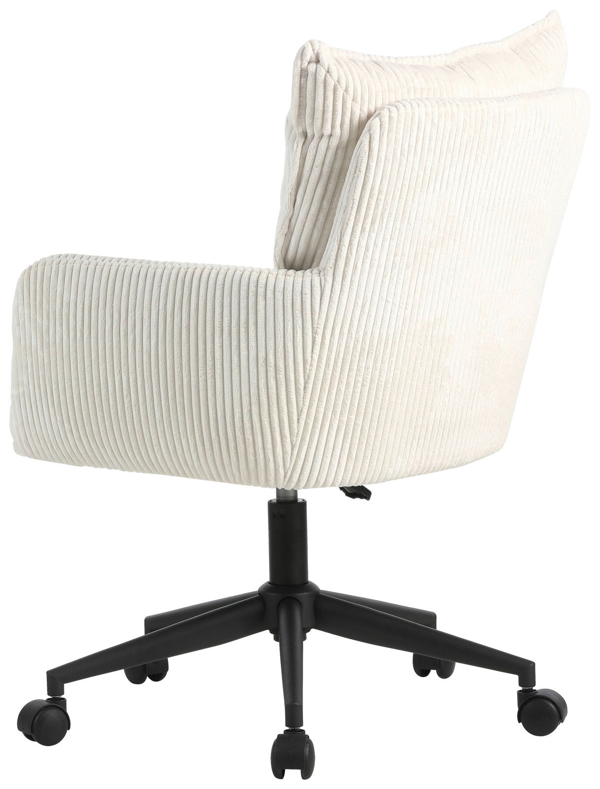 Rückansicht eines weißen Drehstuhls mit geripptem Stoffbezug und schwarzem Fußgestell auf Rollen.
