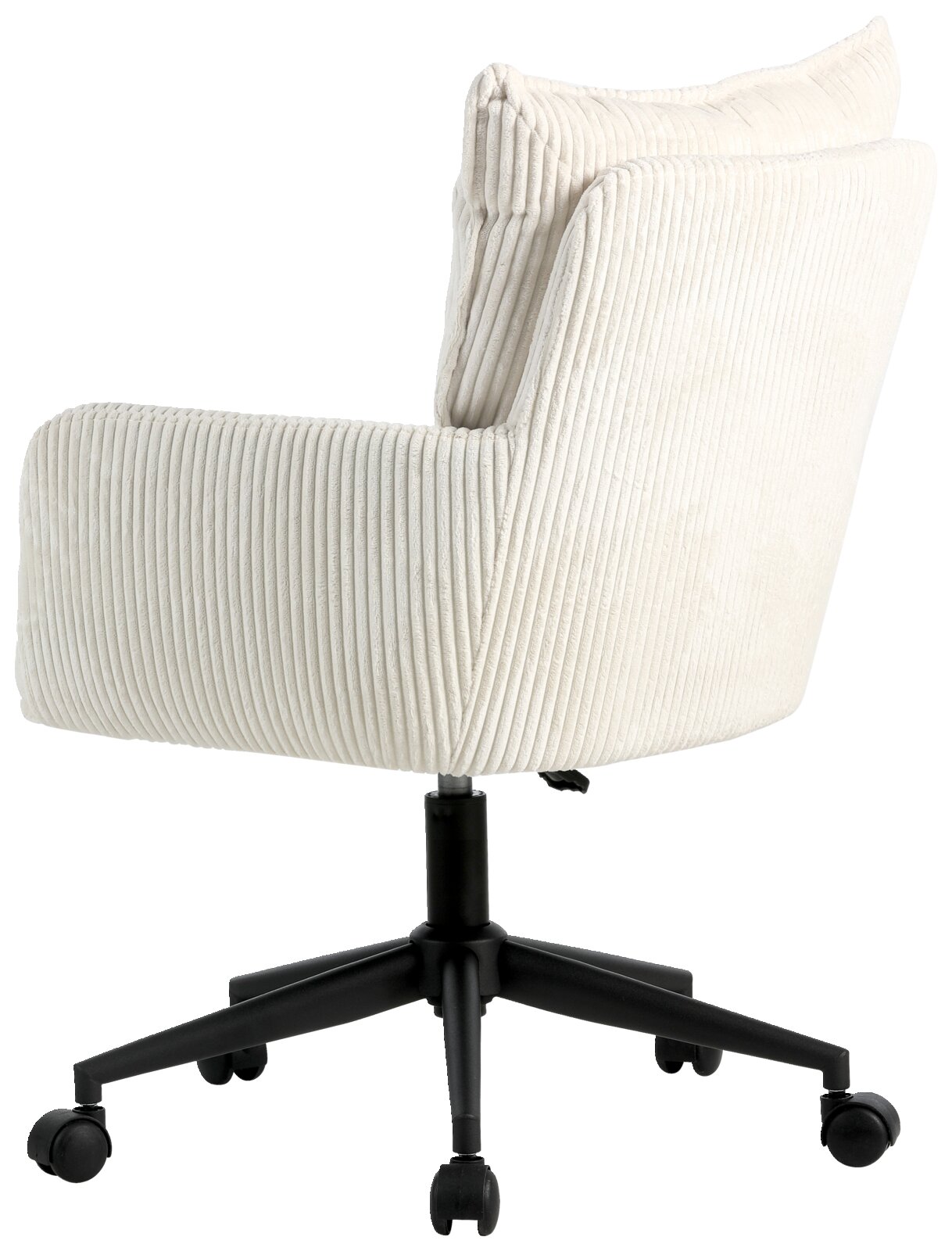 Achterkant van een witte draaistoel met geribbelde stoffen bekleding en een zwart onderstel op wieltjes.