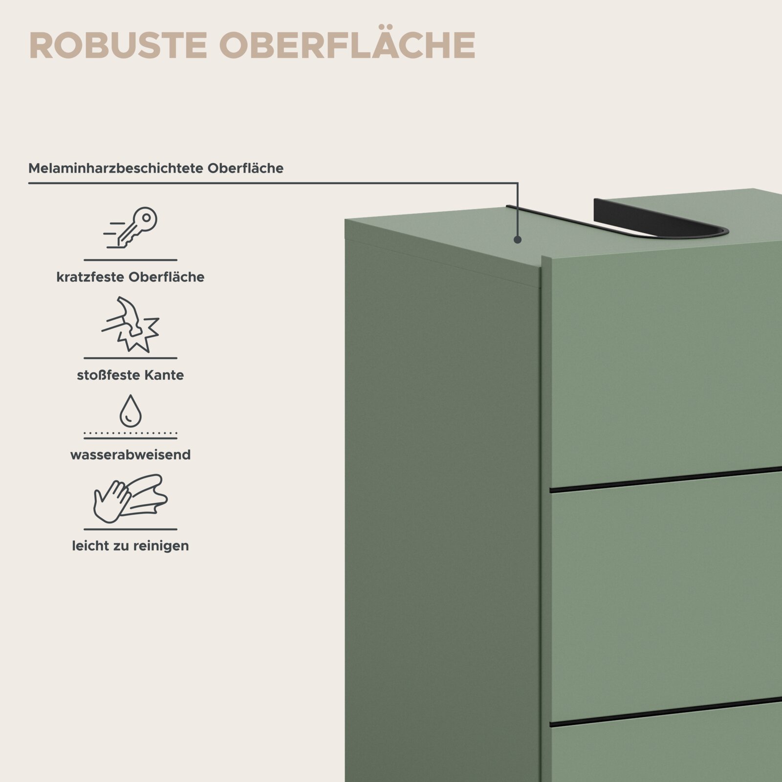 Infografik zur robusten, melaminharzbeschichteten Oberfläche eines grünen Möbelstücks mit schwarzem Griff; Symbole für kratzfest, stoßfeste Kante, wasserabweisend und leicht zu reinigen, gezeigt in schräger Nahaufnahme von oben/seitlich (3/4-Perspektive).