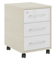 Rollcontainer mit drei Schubladen, helle Holzoptik, weiße Fronten, silberne Griffe, auf Rollen, seitliche Perspektive