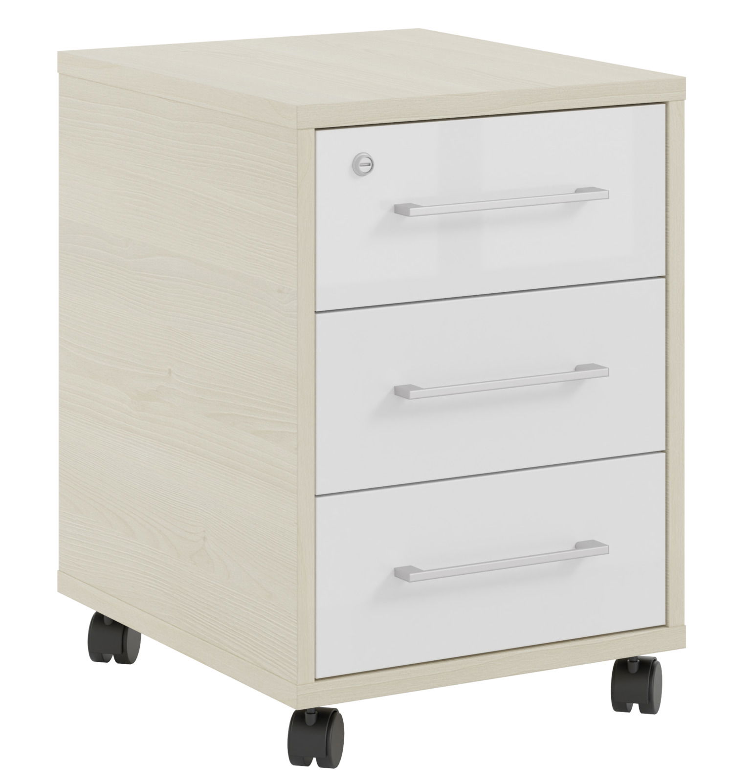 Manjana Rollcontainer OHIO Rollcontainer mit drei Schubladen, helle Holzoptik, weiße Fronten, silberne Griffe, auf Rollen, seitliche Perspektive