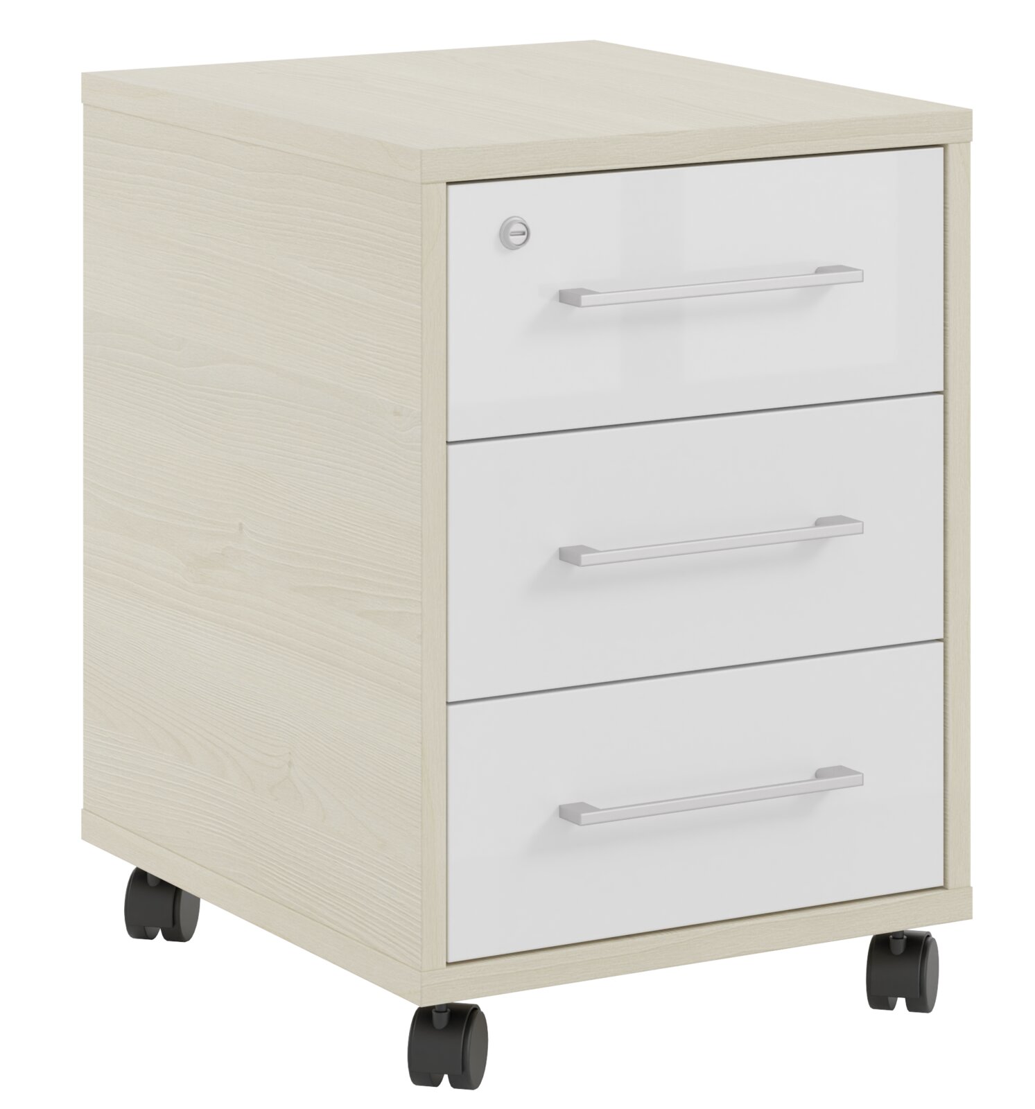 Manjana Rollcontainer OHIO Rollcontainer mit drei Schubladen, helle Holzoptik, weiße Fronten, silberne Griffe, auf Rollen, seitliche Perspektive