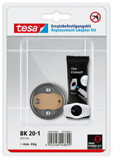 Vorderansicht des tesa Ersatzbefestigungskits BK20-1, bestehend aus einem Befestigungsadapter und Klebstoff, geeignet für eine maximale Belastung von 6 kg.