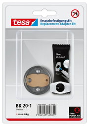 Vooraanzicht van de tesa vervangende bevestigingsset BK20-1, bestaande uit een bevestigingsadapter en lijm, geschikt voor een maximale belasting van 6 kg.