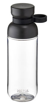 Schwarze Trinkflasche mit transparentem Körper und schwarzem Deckel, seitliche Ansicht