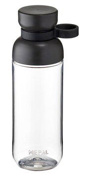 Zwarte drinkfles met een doorzichtige behuizing en een zwarte dop, zijaanzicht