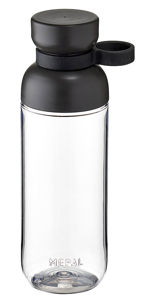 Zwarte drinkfles met een doorzichtige behuizing en een zwarte dop, zijaanzicht