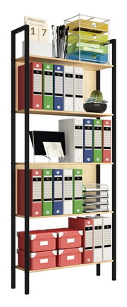 Schmales Büroregal mit schwarzem Metallrahmen und hellen Holzablagen, bestückt mit Ordnern, Ablageboxen und Schreibtisch-Organizern, in leicht schräger Frontansicht vor weißem Hintergrund