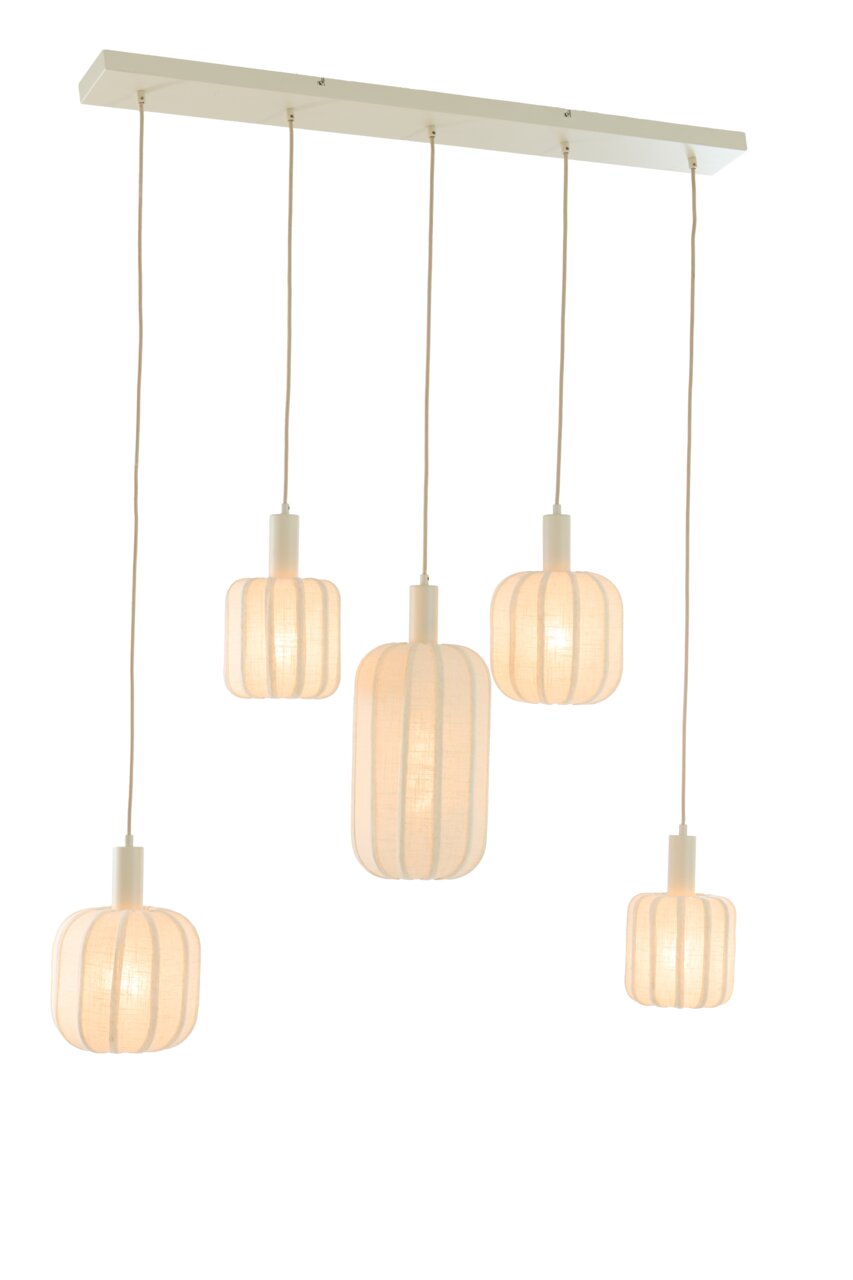 Light&Living Hanglamp TUFIA Hanglamp met vijf lampenkappen in verschillende maten, van lichte stof, gezien van onderaf.