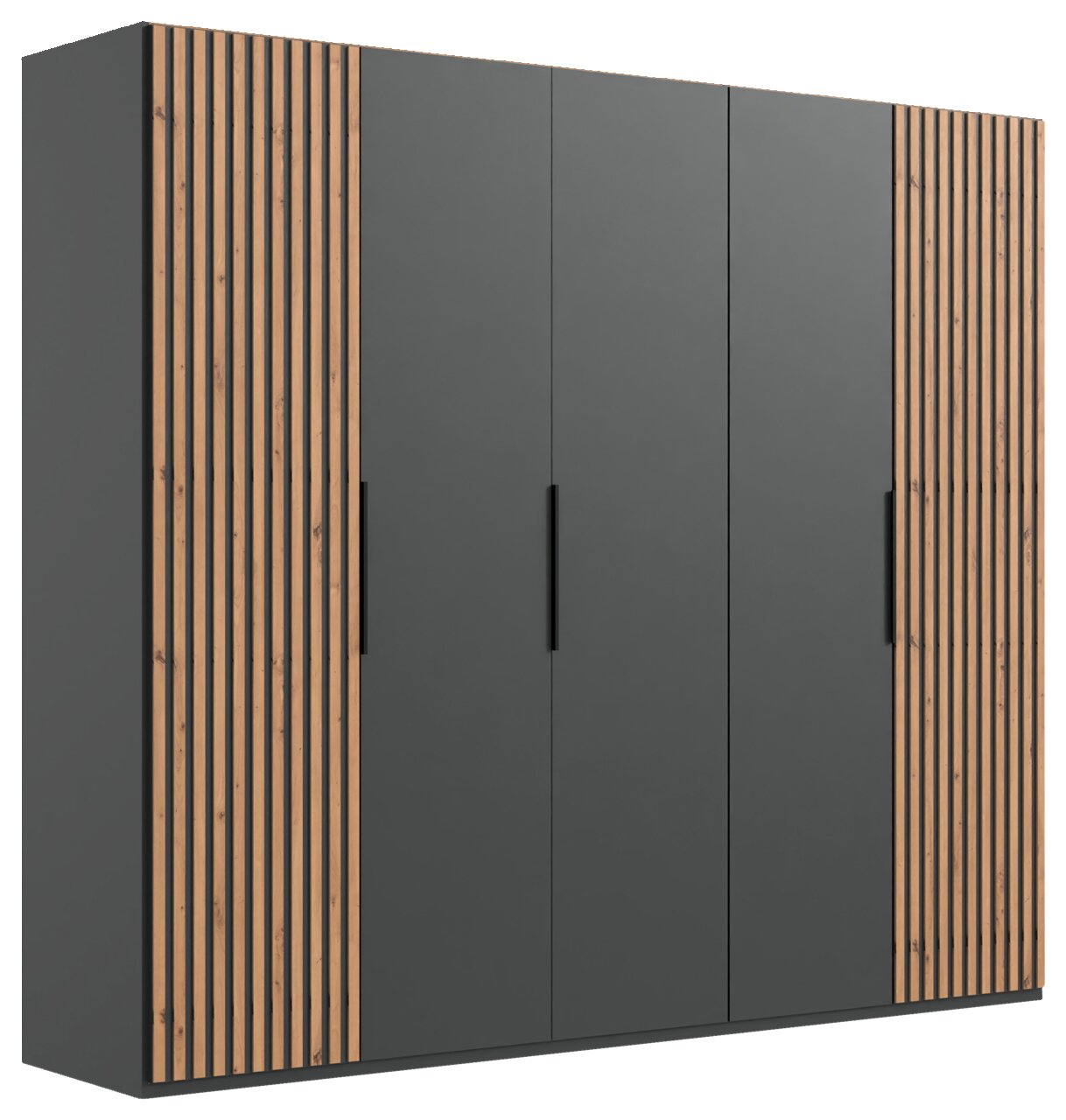 Moderner 5-türiger Drehtürenschrank mit grauen Türen und Holzlamellen an den Seiten, Frontalansicht.