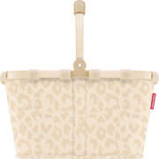 Beige Einkaufskorb von reisenthel mit hellem Leopardenmuster und klappbarem Tragegriff, frontale Ansicht vor weißem Hintergrund
