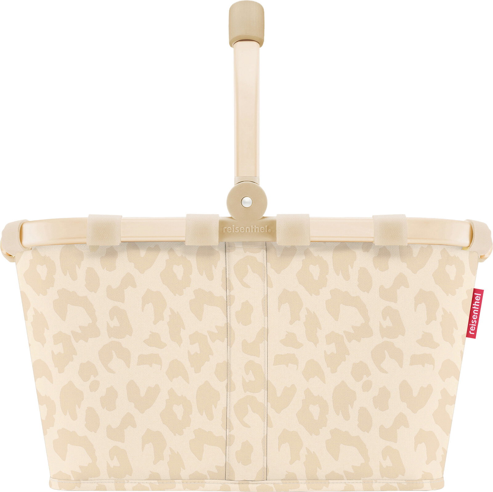Beige Einkaufskorb von reisenthel mit hellem Leopardenmuster und klappbarem Tragegriff, frontale Ansicht vor weißem Hintergrund