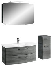 Moderne Badkombination mit Spiegelschrank, Waschbeckenunterschrank und hohem Schrank in grauer Holzoptik, frontale Ansicht.