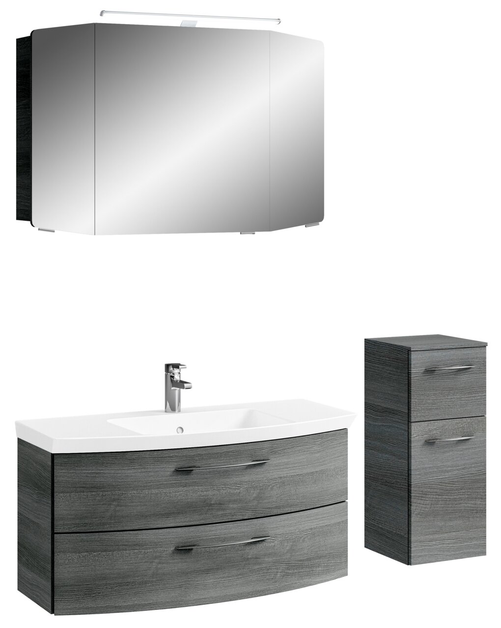 Moderne Badkombination mit Spiegelschrank, Waschbeckenunterschrank und hohem Schrank in grauer Holzoptik, frontale Ansicht.