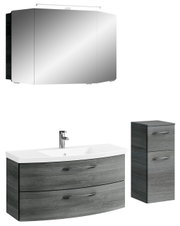 Moderne Badkombination mit Spiegelschrank, Waschbeckenunterschrank und hohem Schrank in grauer Holzoptik, frontale Ansicht.