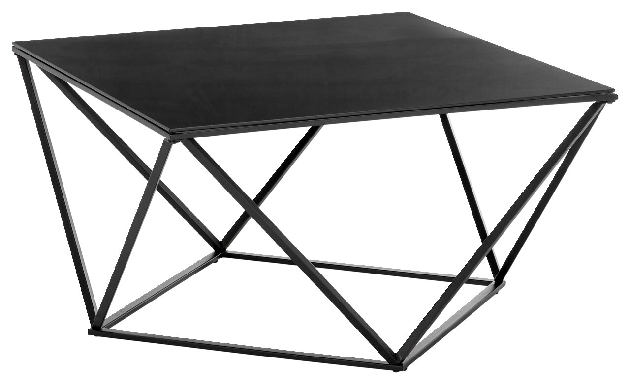 Moderner Couchtisch mit schwarzer Glasplatte und geometrischem Metallgestell, seitliche Perspektive