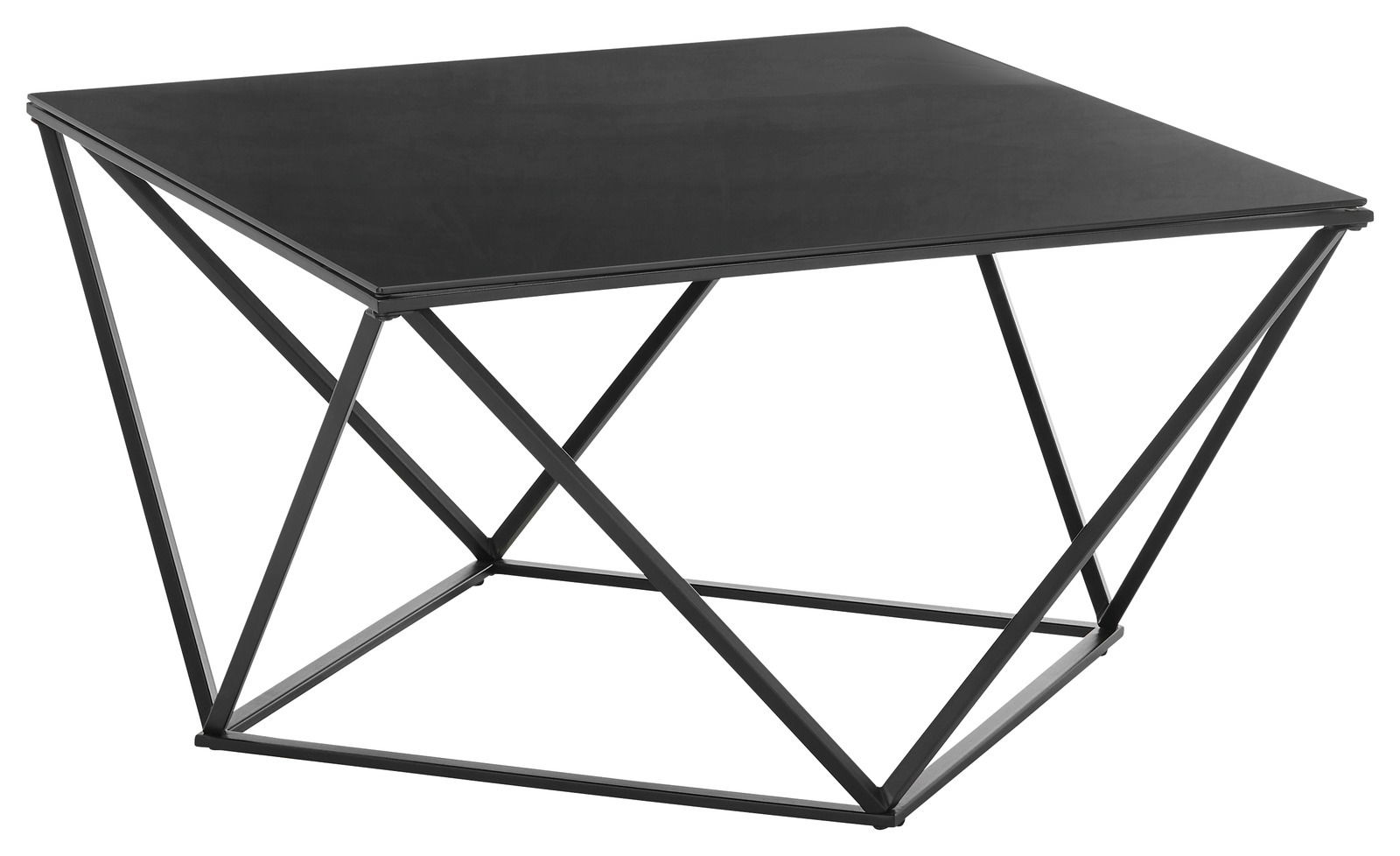 Moderner Couchtisch mit schwarzer Glasplatte und geometrischem Metallgestell, seitliche Perspektive