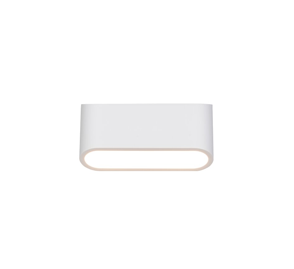 Weiße, moderne LED-Wandleuchte mit abgerundeter rechteckiger Form und warmweiß leuchtender Unterseite, frontal von vorne auf weißem Hintergrund fotografiert.