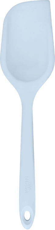 Hellblauer MagicSpoon aus Silikon, von oben fotografiert, mit ergonomischem Griff und abgerundeter Kante.