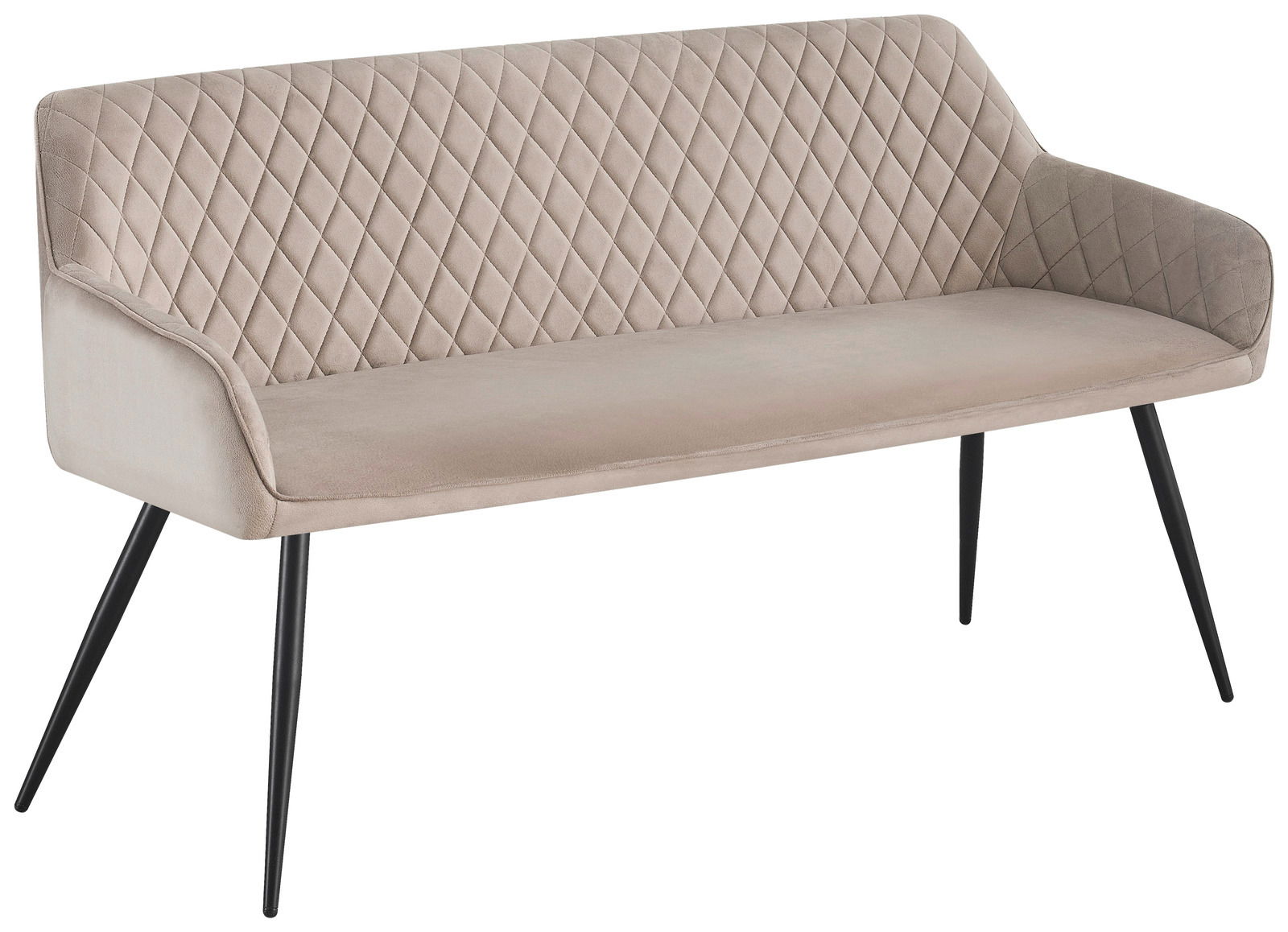 Elegante Sitzbank mit gesteppter Rückenlehne und schwarzen Metallbeinen, seitliche Perspektive