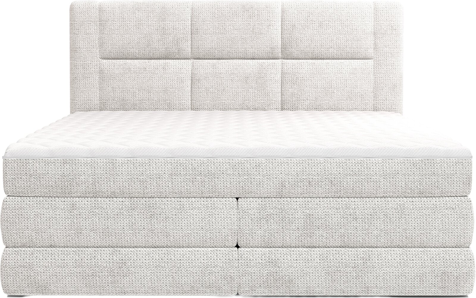 Lichtgrijs gestoffeerd boxspringbed met gewatteerd matras en rechthoekig, gestikt hoofdbord, frontaal aanzicht op witte achtergrond