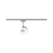 Moderner Schienenspot Circle in silberner Farbe, frontal von unten betrachtet, montiert an einer Schiene.