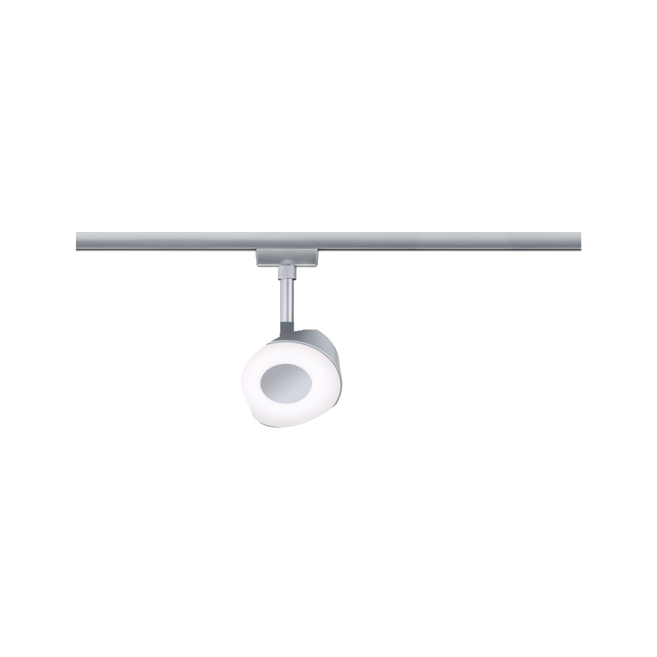 Moderner Schienenspot Circle in silberner Farbe, frontal von unten betrachtet, montiert an einer Schiene.