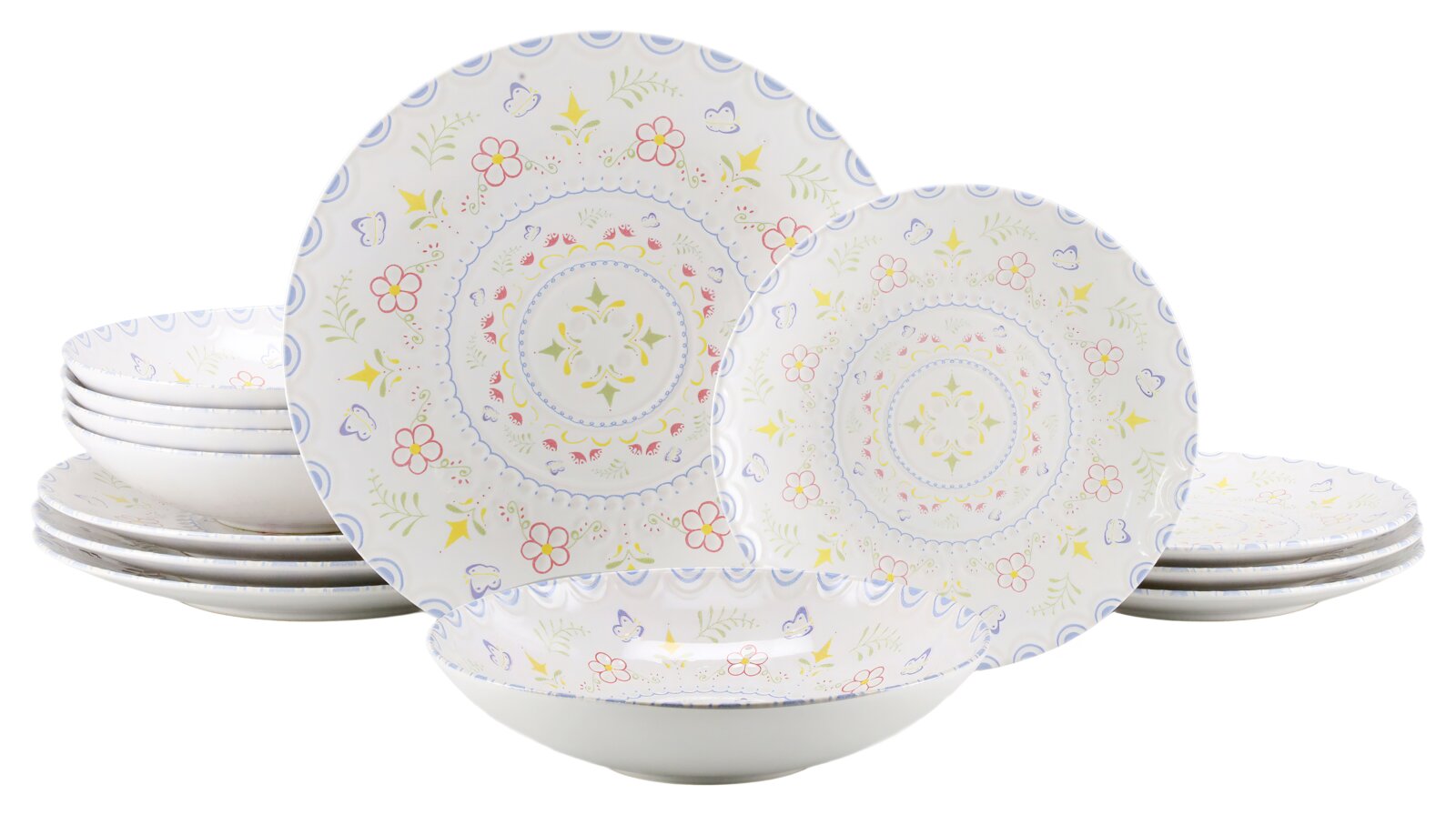 Keramik-Geschirrset mit weißen Tellern und Schalen, verziert mit buntem Blumen- und Schmetterlingsmuster, frontal in leichter Schrägansicht auf weißem Hintergrund
