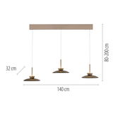 Pendelleuchte PURE Moon mit drei hängenden Lampenschirmen, seitliche Ansicht, Maße: 140 cm Breite, 32 cm Durchmesser, 80-200 cm höhenverstellbar.