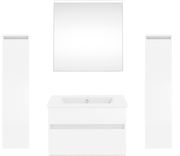 Frontale Ansicht einer modernen Badkombination der Serie NEXT4YOU von Puris mit Spiegel, Waschbeckenunterschrank und zwei hohen Schränken in Weiß.