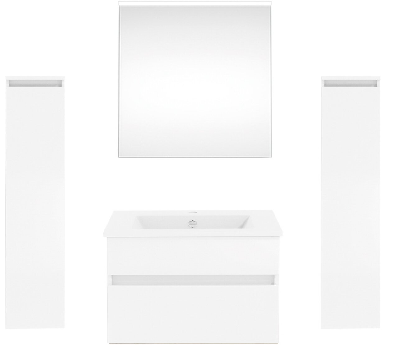 Puris Badkombination GET2YOU 21 Frontale Ansicht einer modernen Badkombination der Serie NEXT4YOU von Puris mit Spiegel, Waschbeckenunterschrank und zwei hohen Schränken in Weiß.