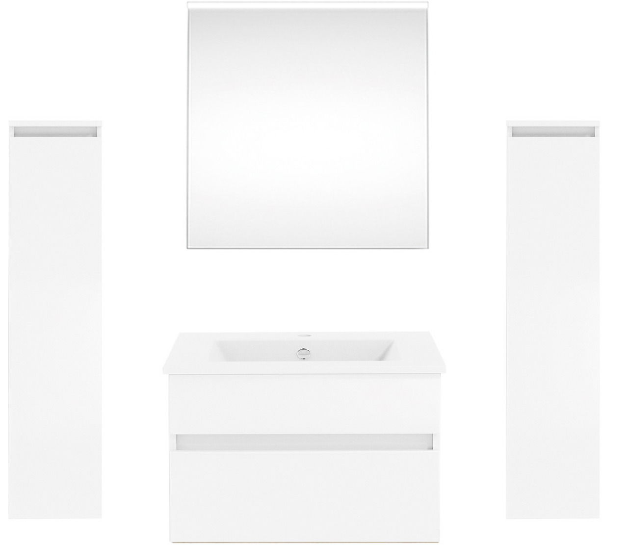 Frontale Ansicht einer modernen Badkombination der Serie NEXT4YOU von Puris mit Spiegel, Waschbeckenunterschrank und zwei hohen Schränken in Weiß.